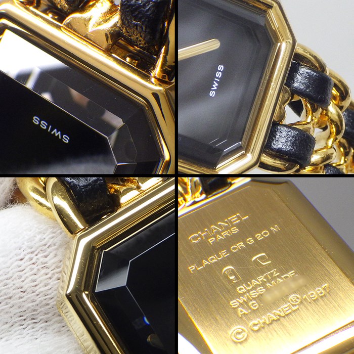 シャネル CHANEL 腕時計 プルミエール M H0001 オクタゴナル ブラック文字盤 チェーンブレス GP ゴールド レザーベルト クオーツアナログ 【中古】