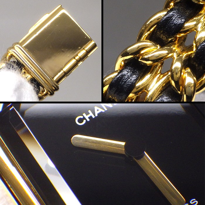 シャネル CHANEL 腕時計 プルミエール M H0001 オクタゴナル ブラック文字盤 チェーンブレス GP ゴールド レザーベルト クオーツアナログ 【中古】