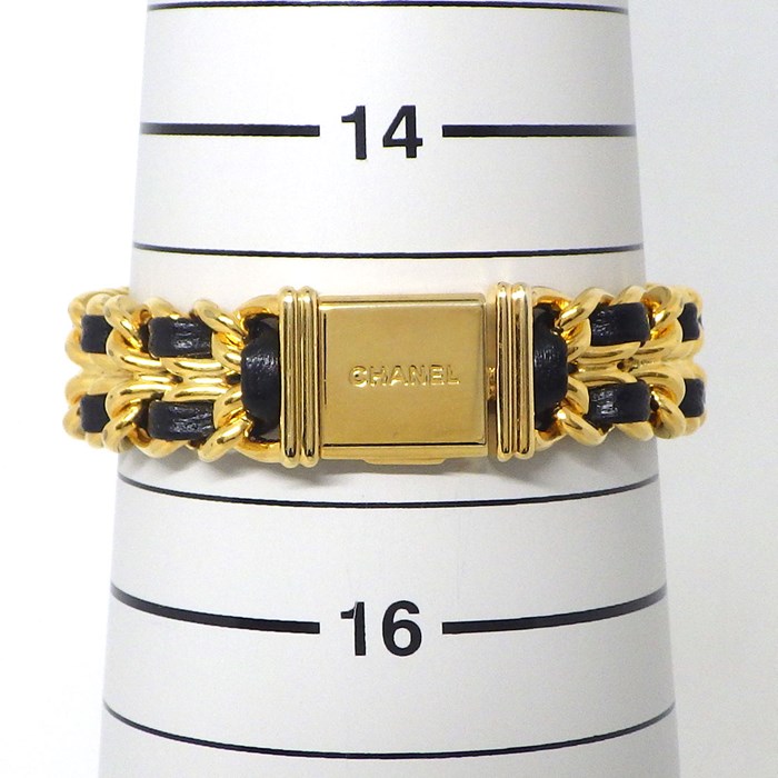 シャネル CHANEL 腕時計 プルミエール M H0001 オクタゴナル ブラック文字盤 チェーンブレス GP ゴールド レザーベルト クオーツアナログ 【中古】