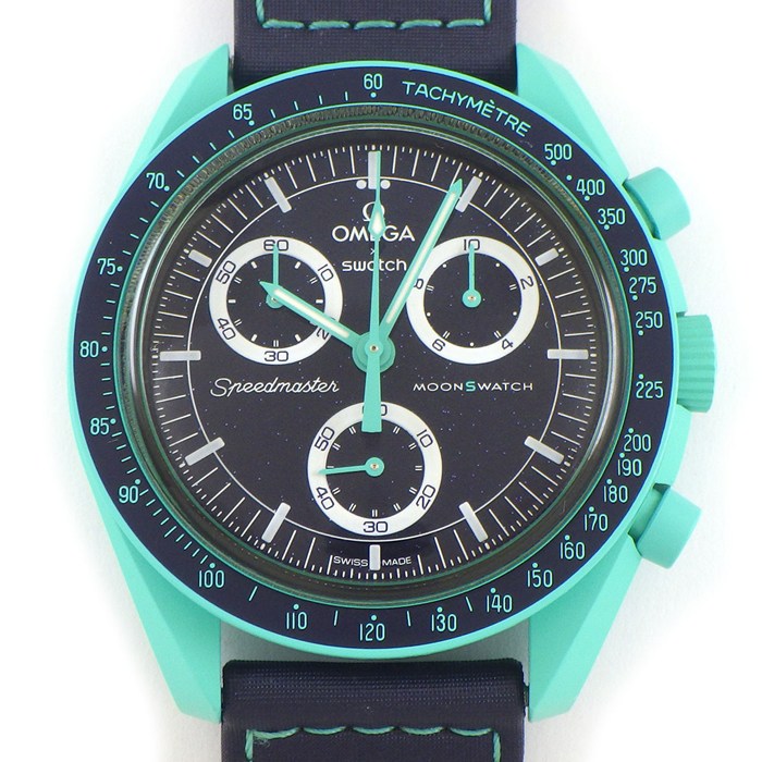 スウォッチ×オメガ Swatch×OMEGA 腕時計 スピードマスター ミッションオンアース POLAR LIGHTS SO33L103 ネイビー文字盤 ターコイズブルー バイオセラミック ナイロンベルト クオーツアナログ 【箱・保付き】 【中古】