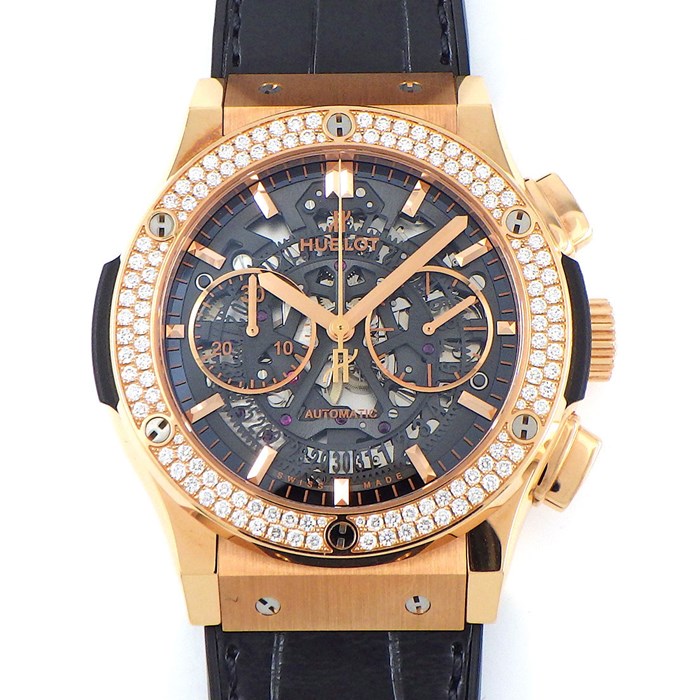 【動画有】 ウブロ Hublot 腕時計 クラシックフュージョン アエロ 525.OX.0180.LR.1104 パヴェ ダイヤモンド ベゼル カレンダー クロノグラフ 裏スケ スケルトン 文字盤 アリゲーター レザー ベルト ブラック ラバー K18キングゴールド 自動巻き 【箱・保付き】 【中古】