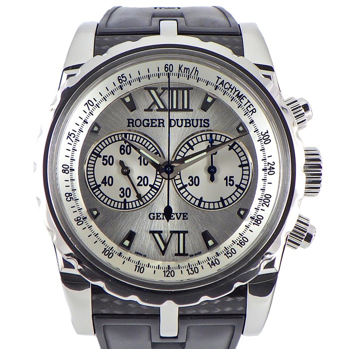 【ロジェ・デュブイ ROGER DUBUIS】腕時計 シンパシー スポーツルック SYM43 78 9 3R.53 シルバーサンレイ文字盤 クロノグラフ スモールセコンド SS ブラック 黒 ラバー 自動巻き 【箱・保付き】 