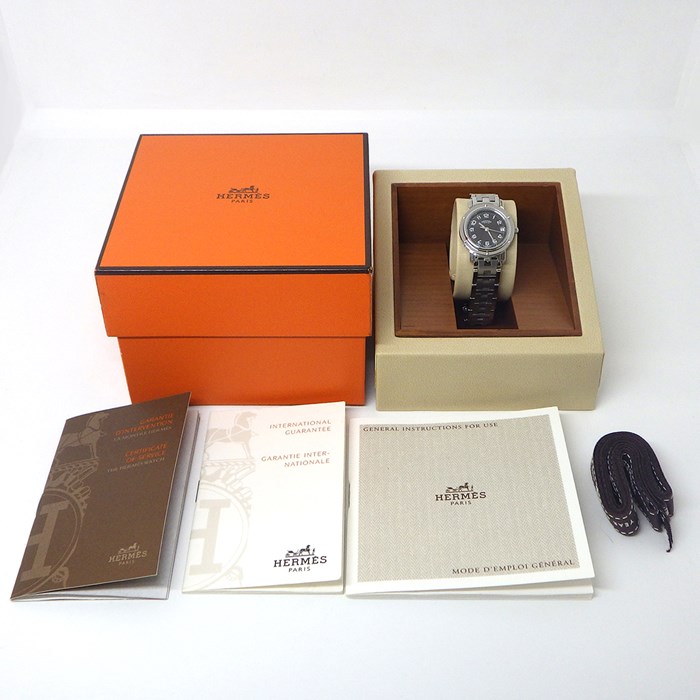 エルメス HERMES 腕時計 クリッパー CL4.210 デイト サンレイ グレー文字盤 SS クオーツアナログ 【OH済み】 【箱・保付き】 【中古】