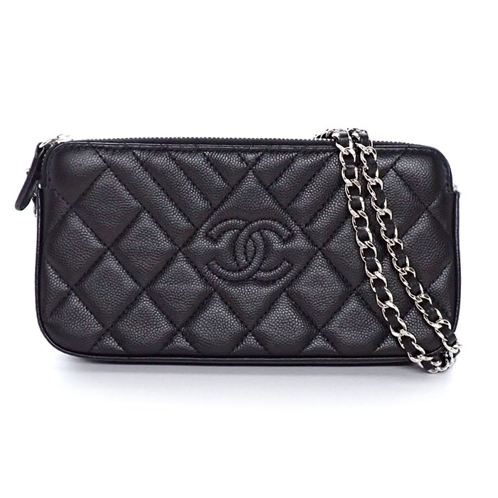 シャネル CHANEL ショルダーバッグ マトラッセ シェヴロン チェーンウォレット ブラック ソフトグレインドカーフスキン シルバー金具 【中古】