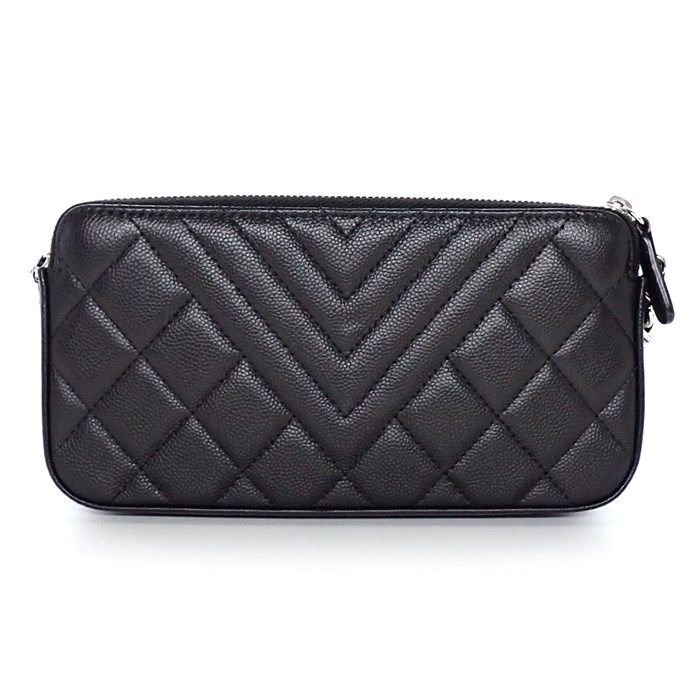 シャネル CHANEL ショルダーバッグ マトラッセ シェヴロン チェーンウォレット ブラック ソフトグレインドカーフスキン シルバー金具 【中古】