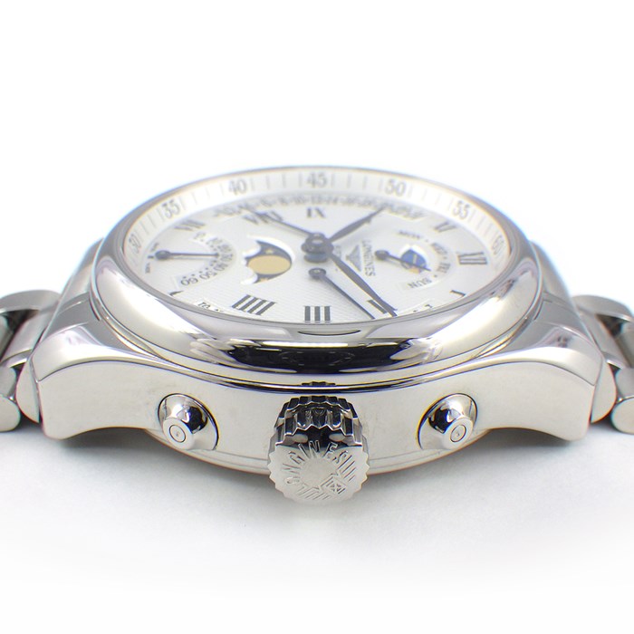 ロンジン Longines 腕時計 マスターコレクション レトログラード ムーンフェイズ L2.738.4.71.6 デイデイト デイナイト表示 スモールセコンド デュアルタイム表示 裏スケ ギョーシェ バーリーコーン シルバー文字盤 SS 自動巻き 【箱・保付き】 【中古】