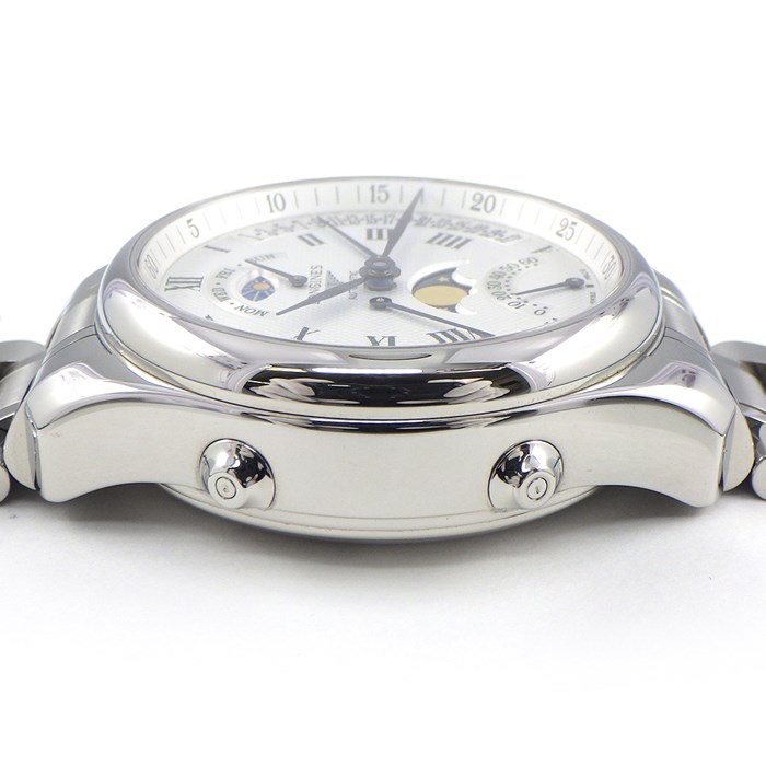 ロンジン Longines 腕時計 マスターコレクション レトログラード ムーンフェイズ L2.738.4.71.6 デイデイト デイナイト表示 スモールセコンド デュアルタイム表示 裏スケ ギョーシェ バーリーコーン シルバー文字盤 SS 自動巻き 【箱・保付き】 【中古】