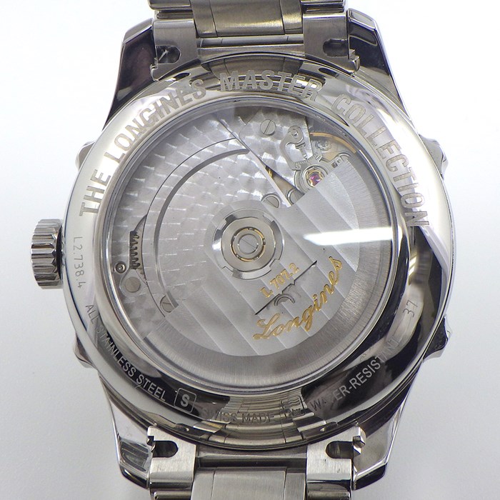 ロンジン Longines 腕時計 マスターコレクション レトログラード ムーンフェイズ L2.738.4.71.6 デイデイト デイナイト表示 スモールセコンド デュアルタイム表示 裏スケ ギョーシェ バーリーコーン シルバー文字盤 SS 自動巻き 【箱・保付き】 【中古】