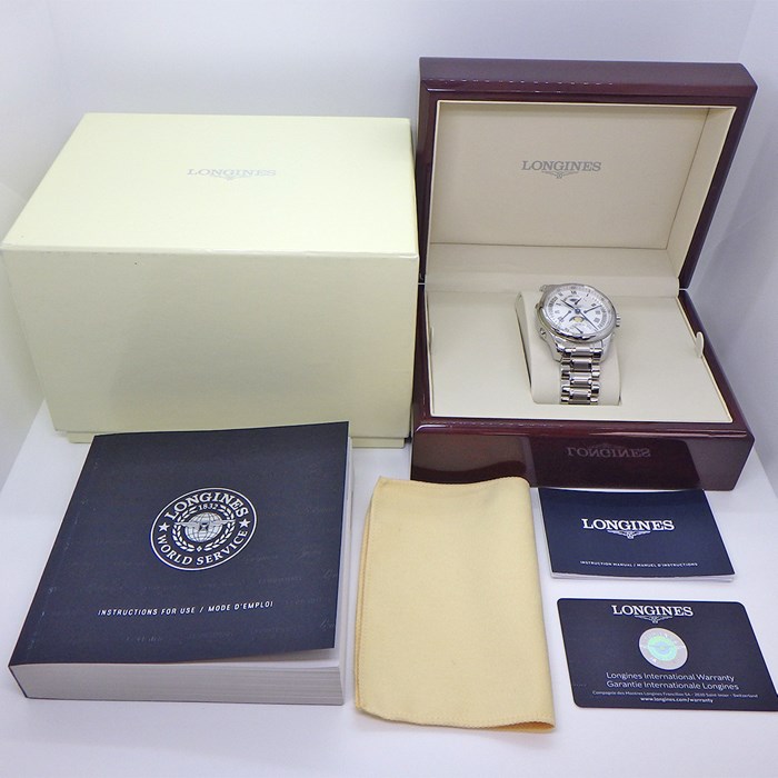 ロンジン Longines 腕時計 マスターコレクション レトログラード ムーンフェイズ L2.738.4.71.6 デイデイト デイナイト表示 スモールセコンド デュアルタイム表示 裏スケ ギョーシェ バーリーコーン シルバー文字盤 SS 自動巻き 【箱・保付き】 【中古】