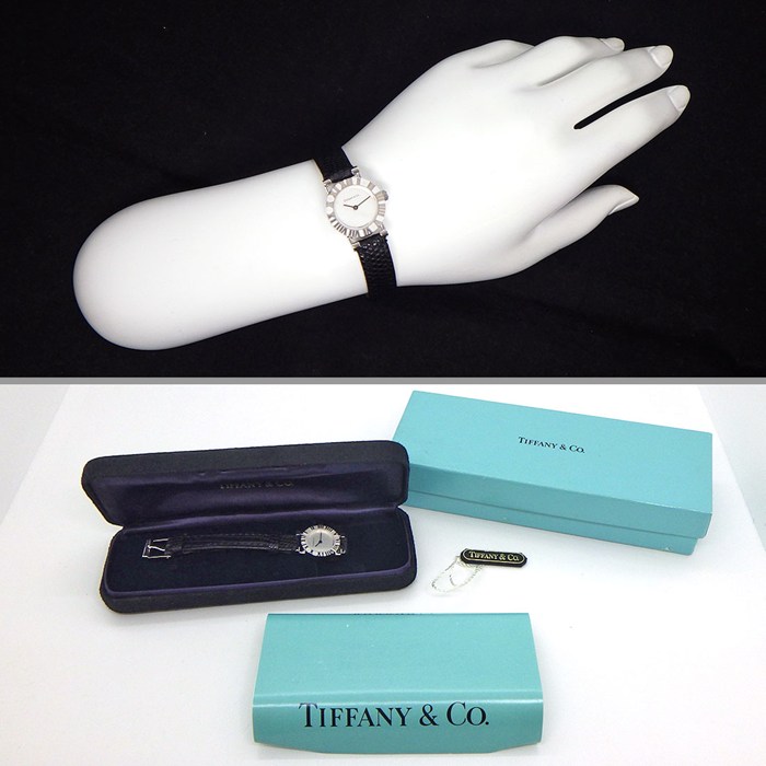 ティファニー Tiffany & Co. 腕時計 アトラス S0640 サテン仕上げ シルバー文字盤 SV925 ブラック リザード レザーベルト クオーツアナログ 【箱・保付き】 【中古】