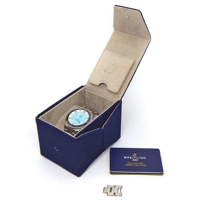 ブライトリング Breitling 腕時計 スーパーオーシャン オートマチック 44 A17376211L2A1 夜光針/インデックス 回転式ベゼル ホワイト&ターコイズブルー文字盤 メタルブレス SS 自動巻き 【箱・保付き】 【中古】