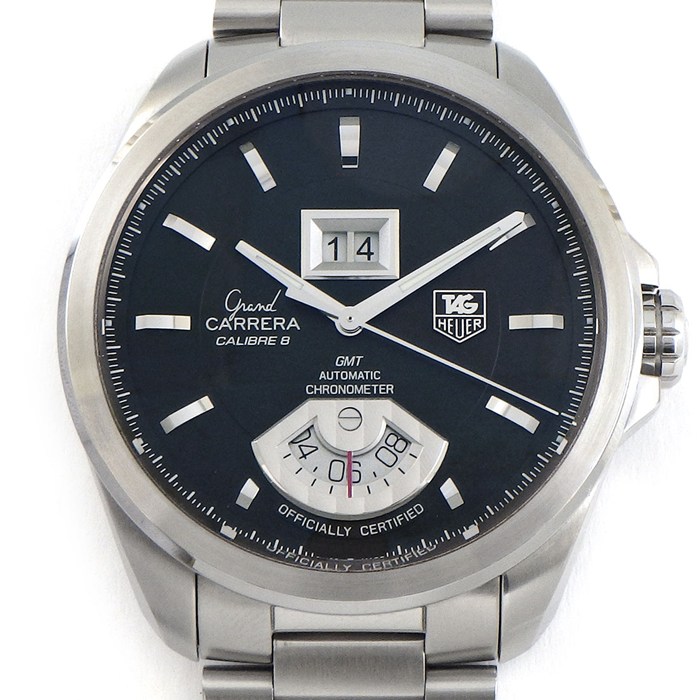 タグ・ホイヤー TAG Heuer 腕時計 グランドカレラ GMT キャリバー8 WAV5111.BA0901 デイト 裏スケ 夜光インデックス 夜光針 ブラック文字盤 SS 自動巻き 【箱・保付き】 【中古】
