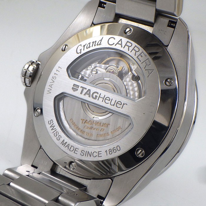 タグ・ホイヤー TAG Heuer 腕時計 グランドカレラ GMT キャリバー8 WAV5111.BA0901 デイト 裏スケ 夜光インデックス 夜光針 ブラック文字盤 SS 自動巻き 【箱・保付き】 【中古】