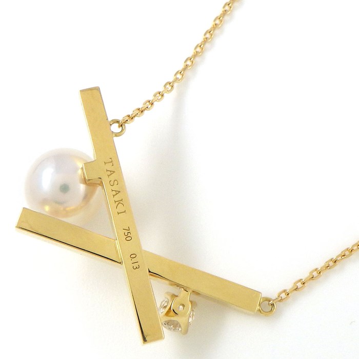 タサキ 田崎真珠 TASAKI ネックレス バランス クロス P-16944-18KYG あこや真珠 パール 7.5mm珠 ダイヤモンド 0.13ct K18YG 【中古】