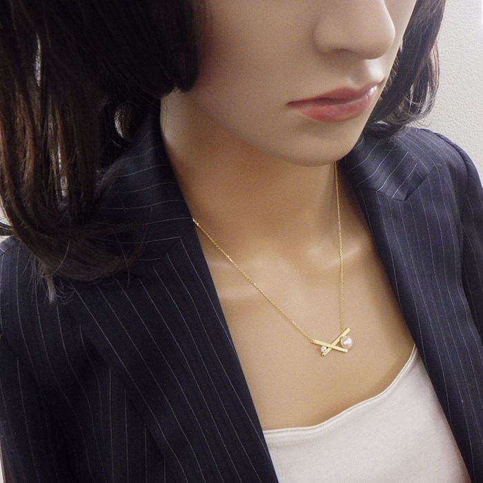 タサキ 田崎真珠 TASAKI ネックレス バランス クロス P-16944-18KYG あこや真珠 パール 7.5mm珠 ダイヤモンド 0.13ct K18YG 【中古】
