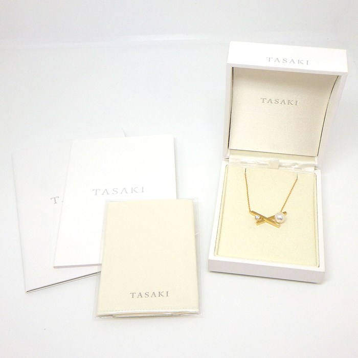 タサキ 田崎真珠 TASAKI ネックレス バランス クロス P-16944-18KYG あこや真珠 パール 7.5mm珠 ダイヤモンド 0.13ct K18YG 【中古】