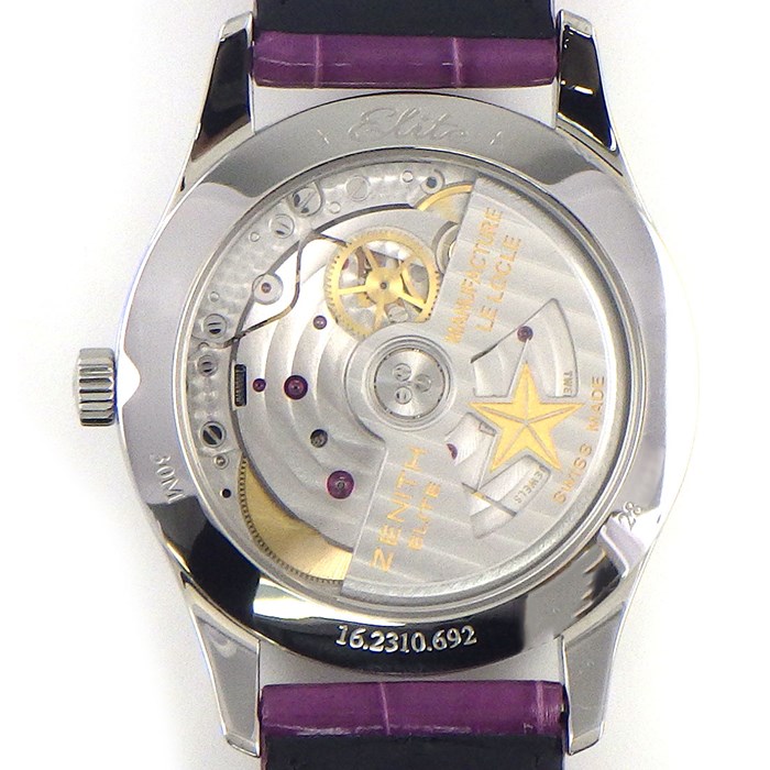 ゼニス ZENITH 腕時計 エリート ウルトラシン 16.2310.692/92.C750 ダイヤインデックス ダイヤベゼル ムーンフェイス パープル 文字盤 スモールセコンド アリゲーターレザー/ラバーベルト SS 自動巻き 【中古】