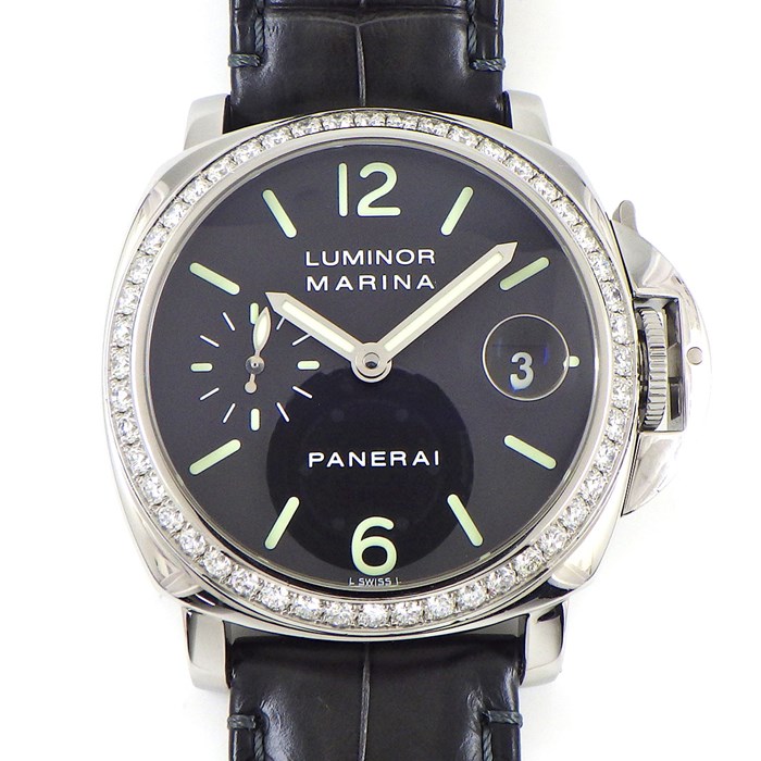 【パネライ PANERAI】腕時計 ルミノール マリーナ PAM00071 ダイヤモンドコレクション 世界90本 限定 ダイヤモンド ベゼル カレンダー スモールセコンド ブラック 文字盤 SS ブラック アリゲーターレザーベルト 黒 自動巻き