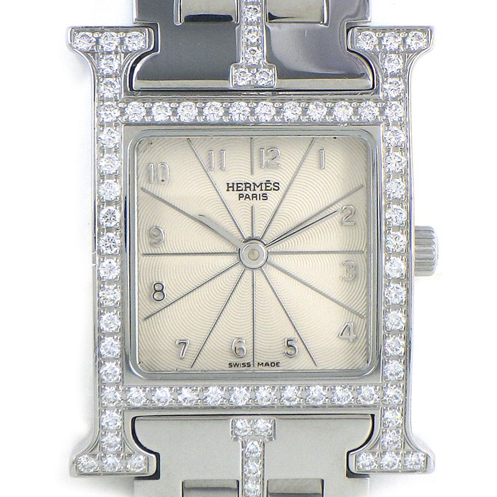 エルメス HERMES 腕時計 Hウォッチ HH1.230 ダイヤベゼル/ラグ/ベルト スクエア アイボリーギョーシェ文字盤 SS クオーツアナログ 【中古】