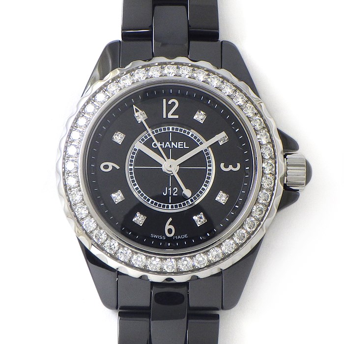 シャネル CHANEL 腕時計 J12 H2571 8ポイント ダイヤインデックス 計0.04ct 40ポイント ダイヤベゼル 計0.90ct ブラック 文字盤 セラミック SS クオーツアナログ 【中古】