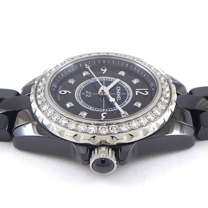 シャネル CHANEL 腕時計 J12 H2571 8ポイント ダイヤインデックス 計0.04ct 40ポイント ダイヤベゼル 計0.90ct ブラック 文字盤 セラミック SS クオーツアナログ 【中古】