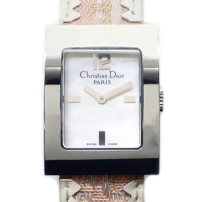 クリスチャンディオール Christian Dior 腕時計 マリス D78-109 スクエア ホワイトシェル文字盤 パールチェーン Dロゴ ピンク レザーベルト SS クオーツアナログ 【箱・保付き】 【中古】