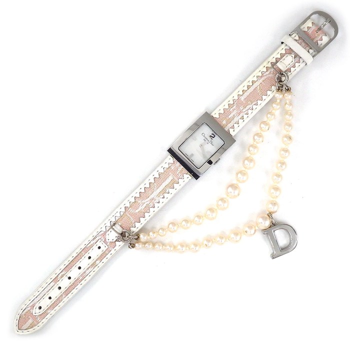 クリスチャンディオール Christian Dior 腕時計 マリス D78-109 スクエア ホワイトシェル文字盤 パールチェーン Dロゴ ピンク レザーベルト SS クオーツアナログ 【箱・保付き】 【中古】