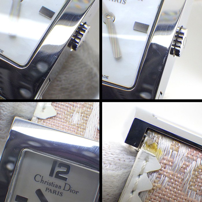 クリスチャンディオール Christian Dior 腕時計 マリス D78-109 スクエア ホワイトシェル文字盤 パールチェーン Dロゴ ピンク レザーベルト SS クオーツアナログ 【箱・保付き】 【中古】