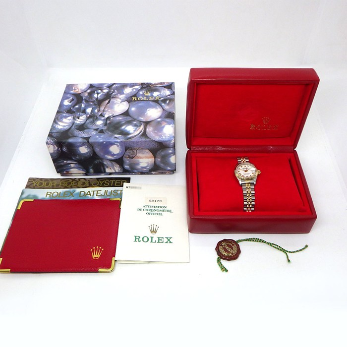 ロレックス Rolex 腕時計 デイトジャスト 69173 W番 1994年-1995年 ローマンインデックス ホワイト文字盤 フルーテッドベゼル ジュビリーブレス K18YG SS 自動巻き 【箱・保付き】 【中古】