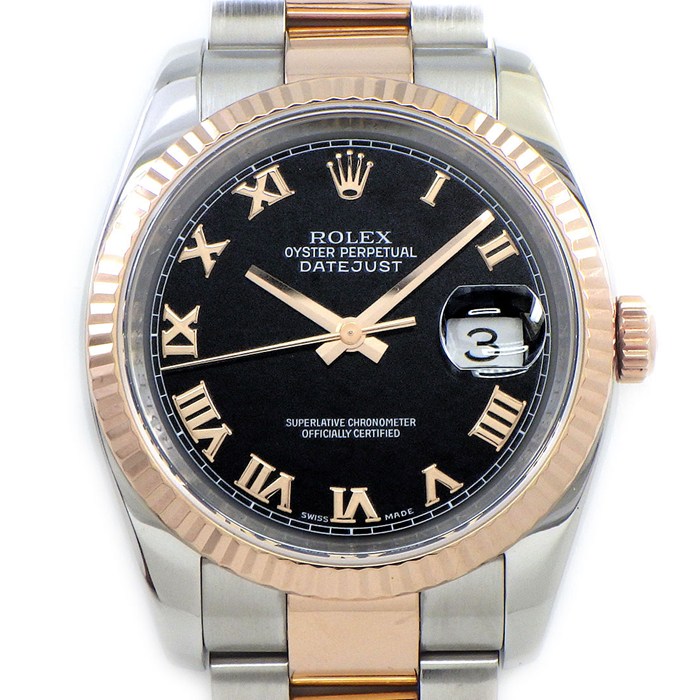 ロレックス Rolex 腕時計 デイトジャスト 116231 V番 2009年製 ルーレット刻印 ブラック文字盤 ローマンインデックス エバーローズゴールド SS 自動巻き 【中古】