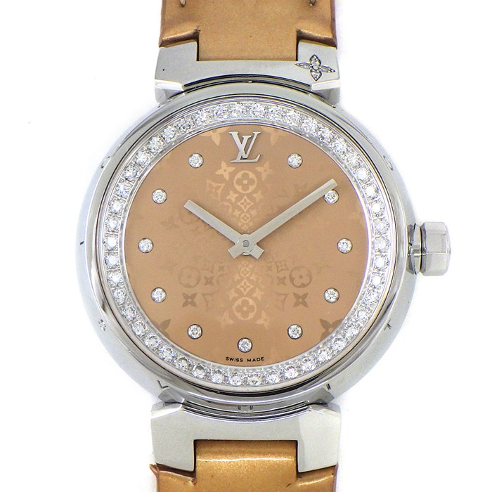 ルイ・ヴィトン LOUIS VUITTON 腕時計 タンブール 34mm Q13MS1 ダイヤスターモチーフ ラグ LVロゴ/ダイヤ インデックス モノグラムパターン/サークルダイヤ/ブロンズ 文字盤 SS パテントレザー クオーツアナログ 【箱・保付き】 【中古】
