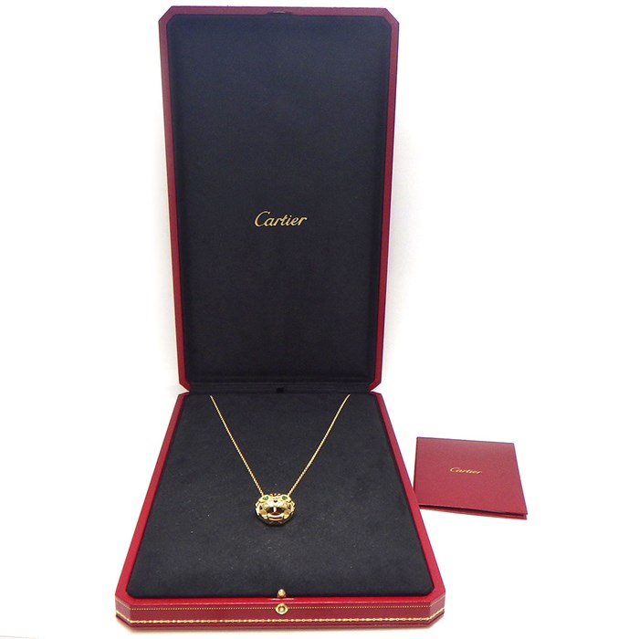 カルティエ Cartier ネックレス パンテール ドゥ カルティエ N7424210 パンサー フェイス モチーフ 1ポイント オニキス 2ポイント ツァボライト グリーン ガーネット K18YG 【箱・保付き】 【中古】