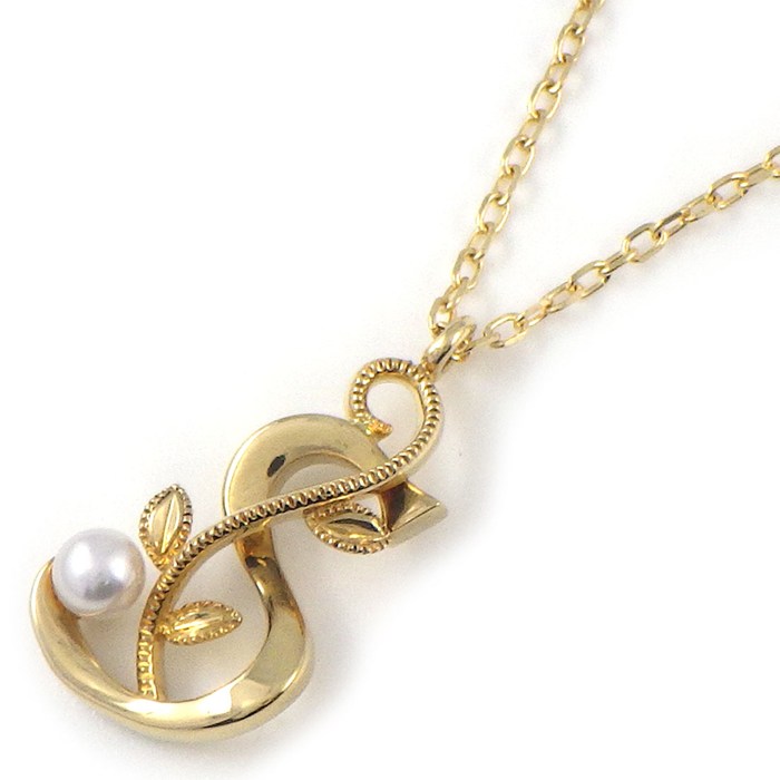 ミキモト MIKIMOTO ネックレス イニシャル S リーフ パール 3mm珠 K18YG 【中古】