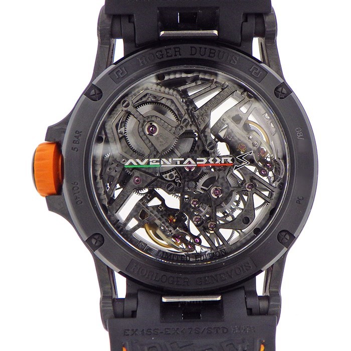 ロジェ・デュブイ ROGER DUBUIS 腕時計 エクスカリバー スパイダー ランボルギーニ アヴァンタドールS RDDBEX0708 世界限定8本 アランチョ アルゴス スケルトン文字盤 カーボン ラバー チタン 手巻き 【OH済み】　【中古】