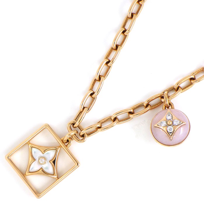 【ルイ・ヴィトン LOUIS VUITTON】ネックレス コリエ チェーン B ブロッサム Q94465 モノグラム フラワー スター スクエア フレーム ボール ピンク オパール ホワイト シェル 白 6ポイント ダイヤモンド 0.09ct K18PG K18WG
