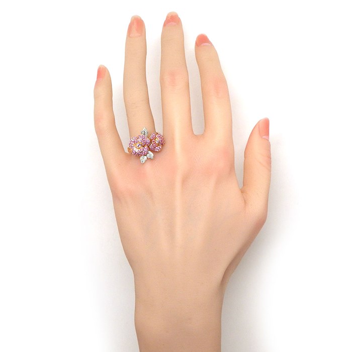 【ピンクサファイア ダイヤモンド】 リング フラワーモチーフ 薔薇 パヴェ ピンクサファイア 計1.10ct ダイヤモンド 計0.13ct K18PG 20号 【中古】