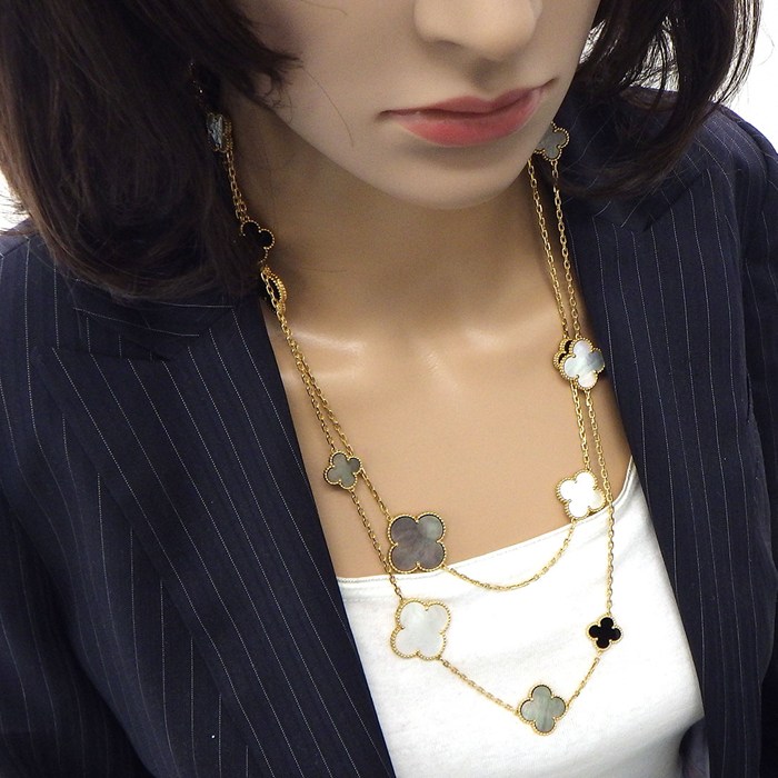 ヴァンクリーフ＆アーペル Van Cleef & Arpels ロングネックレス マジックアルハンブラ 16モチーフ VCARD79400 オニキス ホワイト/グレー シェル 【箱・保付き】 【中古】