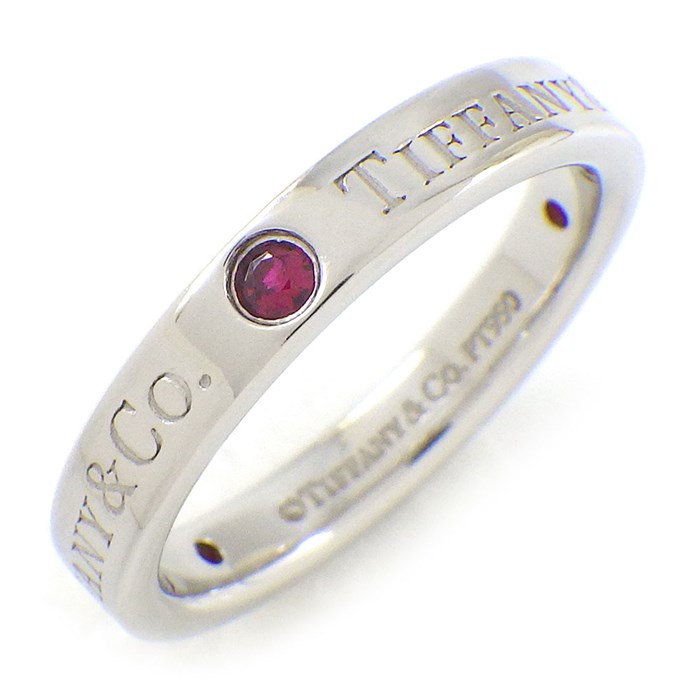 ティファニー Tiffany & Co. リング フラットバンド ロゴ 3ポイント ルビー PT950 9号 【中古】