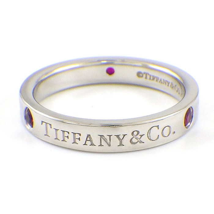 ティファニー Tiffany & Co. リング フラットバンド ロゴ 3ポイント ルビー PT950 9号 【中古】