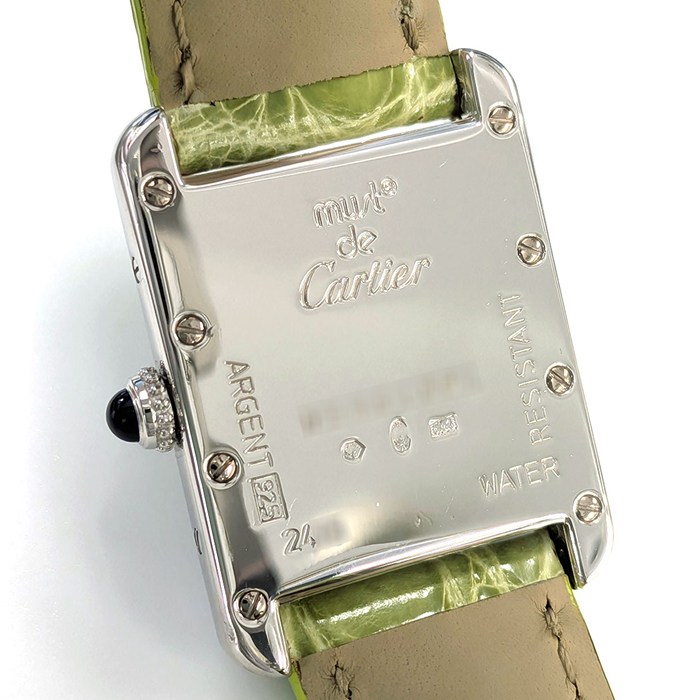カルティエ Cartier 腕時計 マスト タンク SM W1016130 2000年 クリスマス限定 レクタンギュラー ギョーシェ シルバー文字盤 SV925 ライトグリーン アリゲーターレザーベルト クオーツアナログ 【中古】