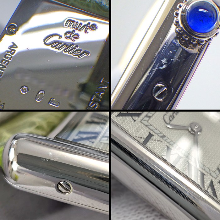 カルティエ Cartier 腕時計 マスト タンク SM W1016130 2000年 クリスマス限定 レクタンギュラー ギョーシェ シルバー文字盤 SV925 ライトグリーン アリゲーターレザーベルト クオーツアナログ 【中古】