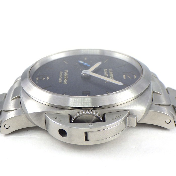 パネライ PANERAI 腕時計 ルミノール マリーナ PAM01028 デイト スモールセコンド 裏スケ 夜光インデックス 夜光針 サンレイ ブルー文字盤 SS 自動巻き 【箱・保付き】 【中古】