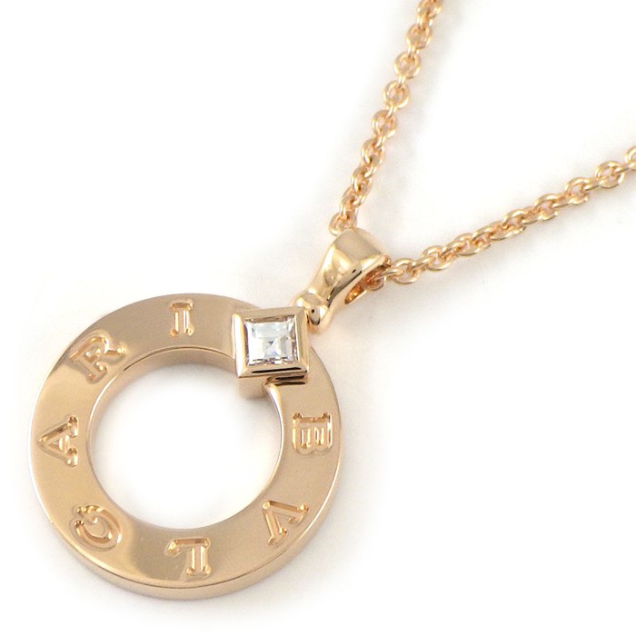 ブルガリ BVLGARI ネックレス ブルガリブルガリ 361077 ラウンドサークル ロゴ 1ポイント スクエアカット ダイヤモンド 0.09ct K18PG 【箱・保付き】 【中古】