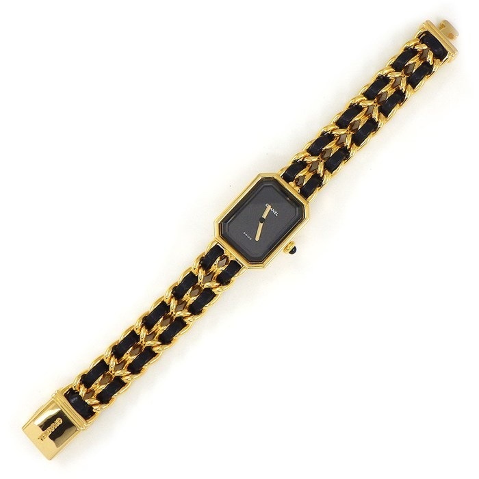 シャネル CHANEL 腕時計 プルミエールM H0001 オクタゴナル ブラック文字盤 チェーンブレス GP ブラック レザーベルト クオーツアナログ 【中古】