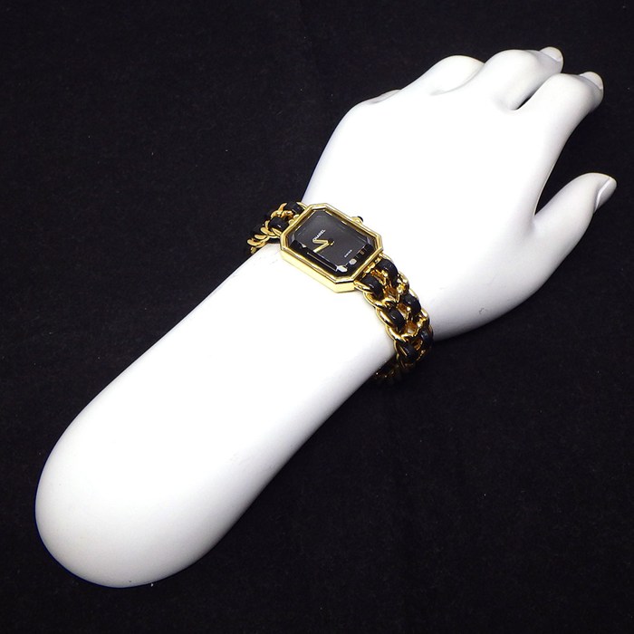 シャネル CHANEL 腕時計 プルミエールM H0001 オクタゴナル ブラック文字盤 チェーンブレス GP ブラック レザーベルト クオーツアナログ 【中古】