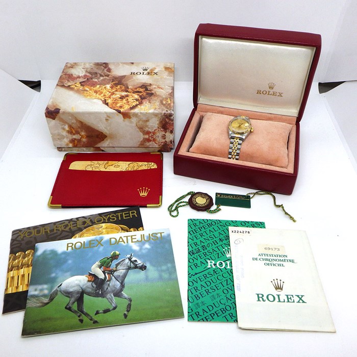 ロレックス Rolex 腕時計 オイスター パーペチュアル レディ デイトジャスト 69173 サンレイ シャンパンカラー文字盤 フルーテッドベゼル ロレゾール ジュビリーブレス オイスタースチール K18YG 自動巻き 【箱・保付き】 【中古】