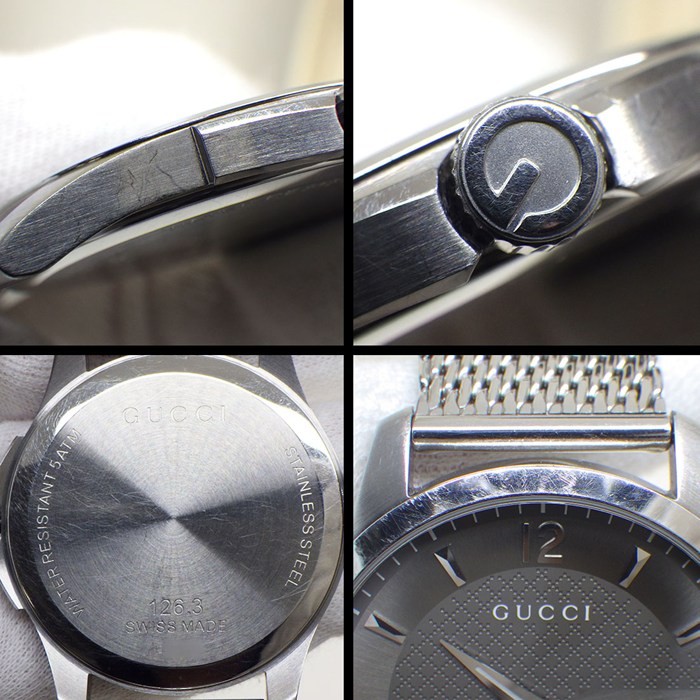 グッチ GUCCI 腕時計 Gタイムレス 126.3/YA126315 ディアマンテ グレー文字盤 メッシュベルト デイト SS クオーツアナログ 【中古】