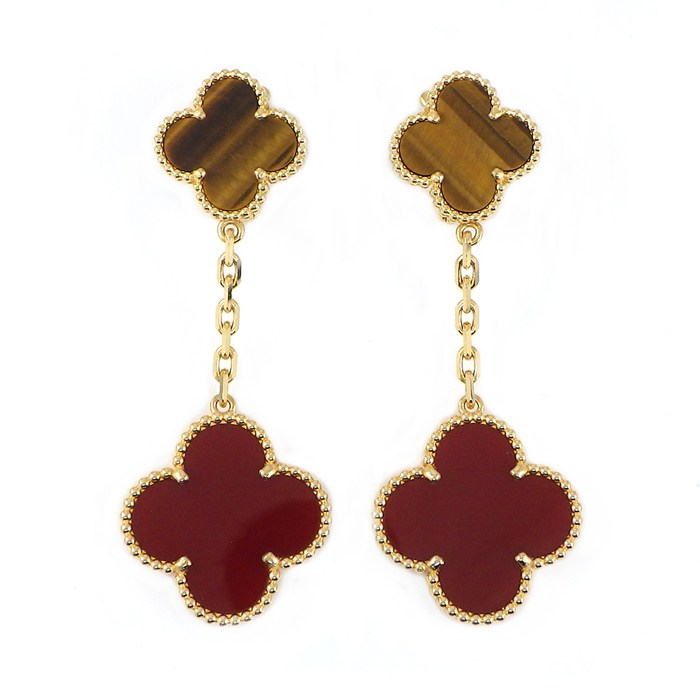 ヴァンクリーフ&アーペル Van Cleef & Arpels ピアス マジックアルハンブラ 2モチーフ VCARN5JR00 スウィング ドロップ カーネリアン タイガーアイ K18YG 【中古】