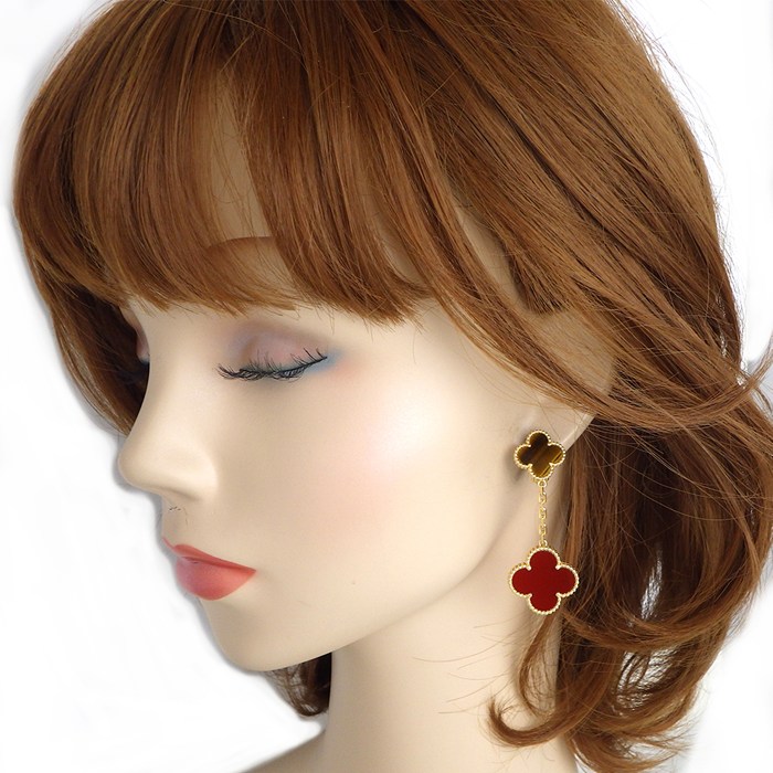 ヴァンクリーフ&アーペル Van Cleef & Arpels ピアス マジックアルハンブラ 2モチーフ VCARN5JR00 スウィング ドロップ カーネリアン タイガーアイ K18YG 【中古】