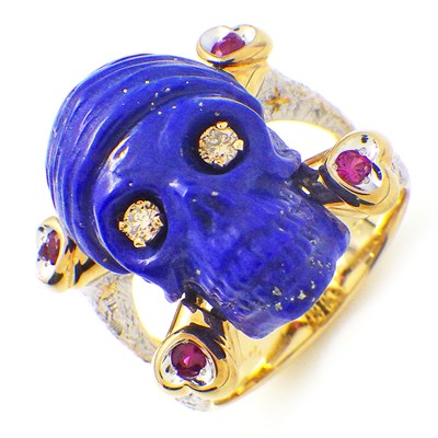  梶光夫 Mitsuo Kaji リング スカルモチーフ ラピスラズリ 17.03ct ルビー ダイヤモンド 計0.28ct K18YG K18WG 16.5号 / 57 【中古】
